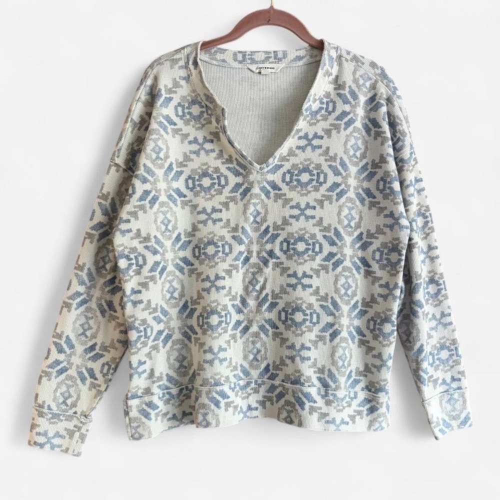 Lucky Brand Long Sleeve Shirt Women's M Medium Cream Gray Blue Patterned Blue